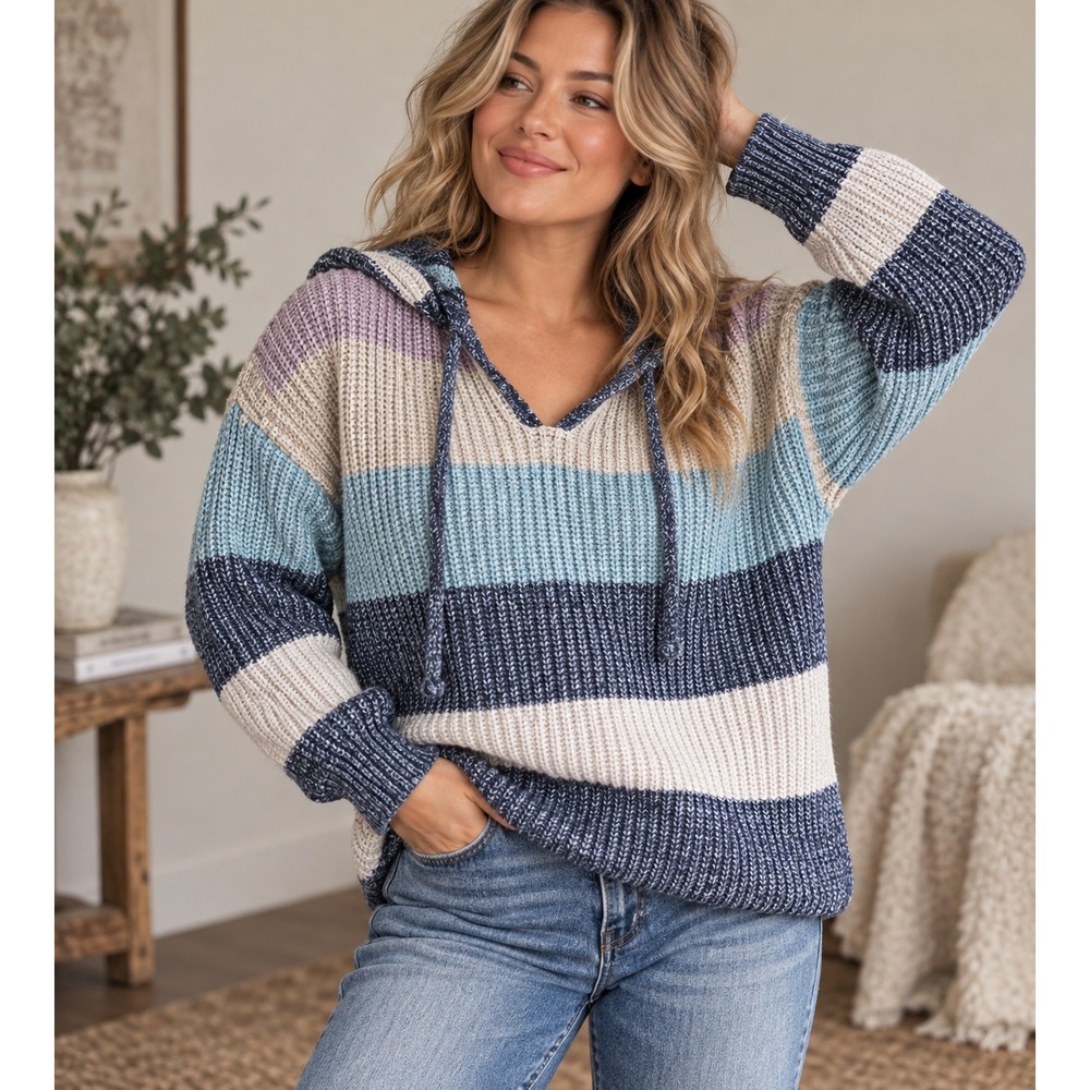 C&C California Colorblock Chunky Knit Hooded Sweater Size Small Coastal Y2K
